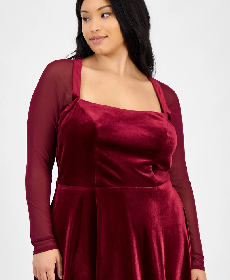 City Studios Trendy Plus Mesh-Sleeve Velvet Fit & Flare Dress
