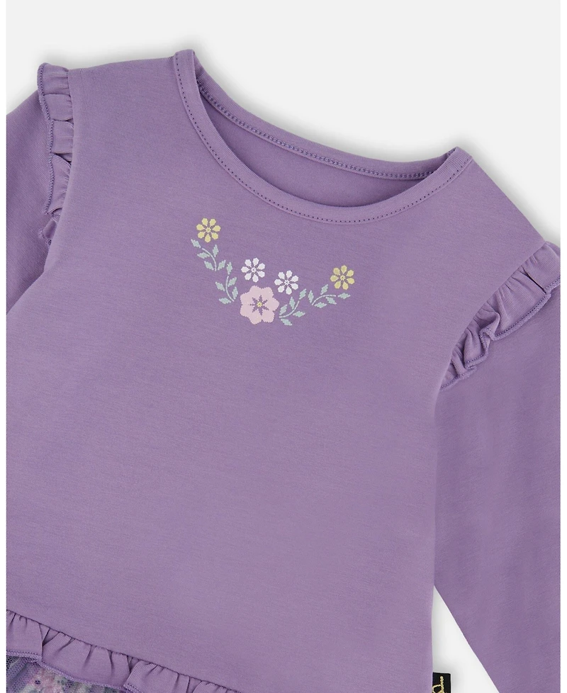 Deux par Girl Bi-Material Dress with Muslin and Mesh Skirt Purple Gray