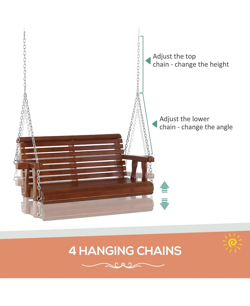 Outsunny Wooden Porch Swing, Hanging Patio Bench, Cup Holder Armrests,