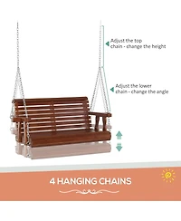 Outsunny Wooden Porch Swing, Hanging Patio Bench, Cup Holder Armrests,