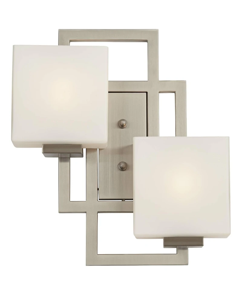 Lighting on the Square Modern Wall Light Sconces Set of 2 Brushed Nickel Hardwired 13.75" 2-Light Fixture Opal Glass for Bedroom Bathroom Vanity