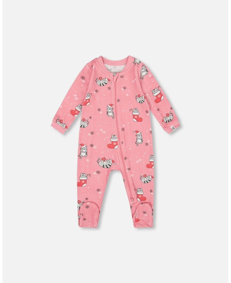 Deux par Baby Girls One-Piece Cotton Pajama Pink Cat Print