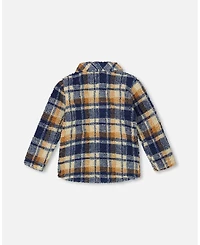 Deux par Boy Sherpa Long Sleeve Zip Front Overshirt Blue and Brown Plaid