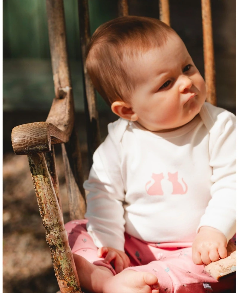 Deux par Baby Girl Cotton Long Sleeve Romper Off-White Cat