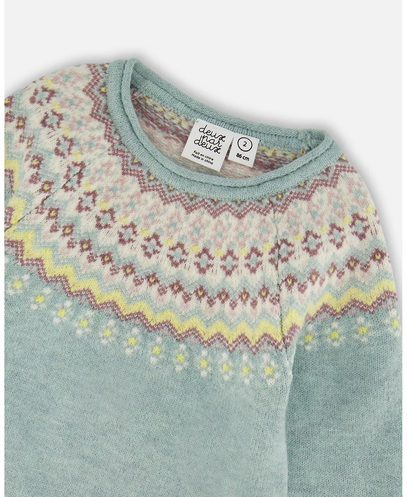 Deux par Baby Girl Jacquard Sweater Dress with Ribbed Skirt Jade Green