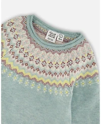 Deux par Baby Girl Jacquard Sweater Dress with Ribbed Skirt Jade Green