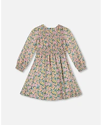 Deux par Girl Smocked Viscose Dress Green with Floral Print