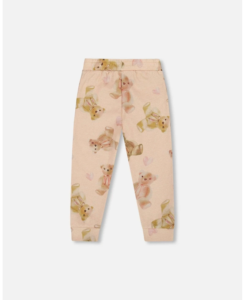 Deux par Girl Glittering French Terry Sweatpants Beige Teddy Bear Print