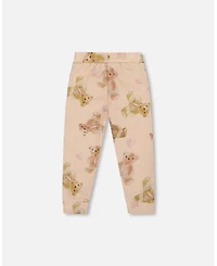 Deux par Girl Glittering French Terry Sweatpants Beige Teddy Bear Print