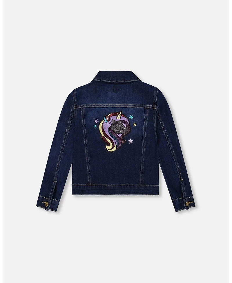 Deux par Girl Stretch Denim Jacket Dark Blue with Glittery Hearts and Unicorn