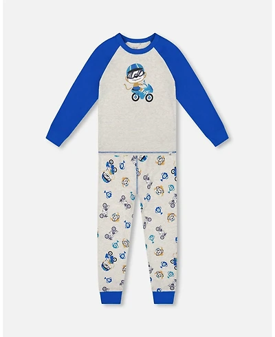 Deux par Boy Two-Piece Cotton Pajama Set Beige Monkey Print - Child
