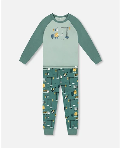 Deux par Boy Two-Piece Cotton Pajama Set Teal Construction Print - Child
