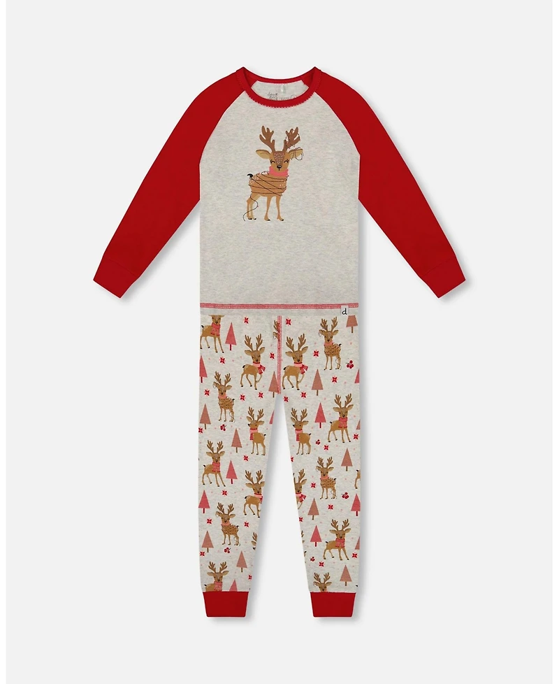 Deux par Girl Cotton Two-Piece Pajamas Beige Girly Reindeer Print