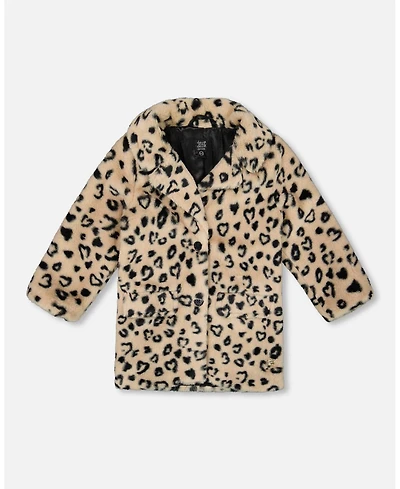 Deux par Girl Printed Fake Fur Long Coat Black and Beige Leopard - Child