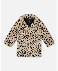 Deux par Girl Printed Fake Fur Long Coat Black and Beige Leopard - Child