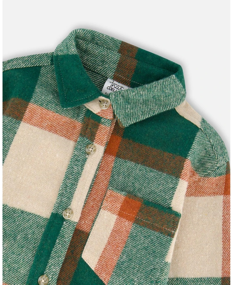 Deux par Boy Long Sleeve Yarn Dyed Plaid Shirt Green and Orange
