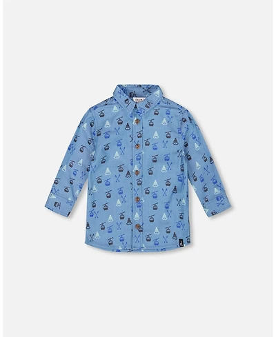 Deux par Baby Boy Printed Long Sleeve Button Front Chambray Shirt Blue