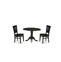 East West Furniture 3-Piece Kitchen Table Set- 2 Mid Century Chair with Wooden Seat and Slatted Chair Back - Drop Leaves Breakfast Table