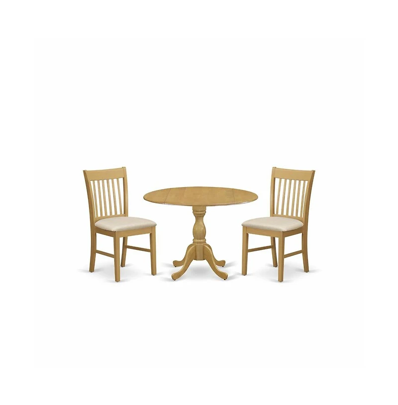 East West Furniture 3 Piece Dining Room Table Set - Oak Wood Dining Table and 2 Oak Linen Fabric Kitchen Chairs with Slatted Back - Oak Finish