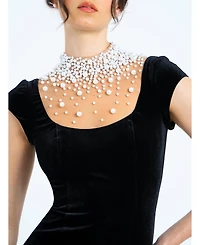 Miss Circle Women Rachael Black Velvet Pearl Embellished Gown