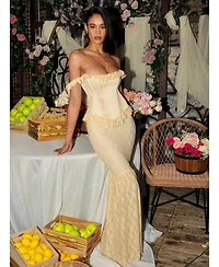 Miss Circle Women's Ersilia Pale Yellow Satin Lace Peplum Corset Off Shoulder Maxi Dress