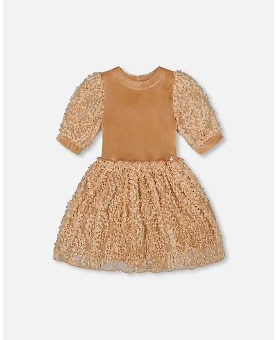 Deux par Girl Puff Sleeve Bi-Material Velour and Lace Dress Light Caramel - Toddler|Child