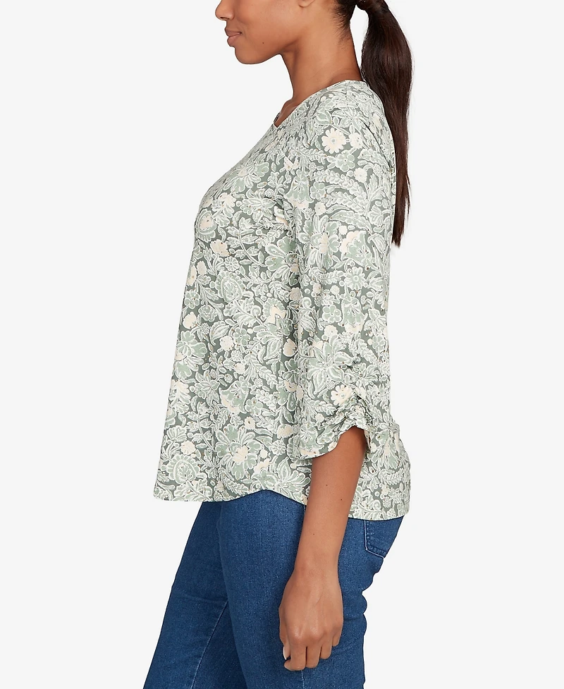 Ruby Rd. Petite Floral Dew Drop Ruched Sleeves Top