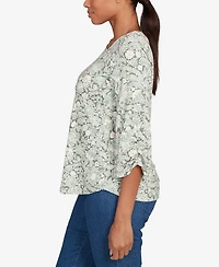Ruby Rd. Petite Floral Dew Drop Ruched Sleeves Top