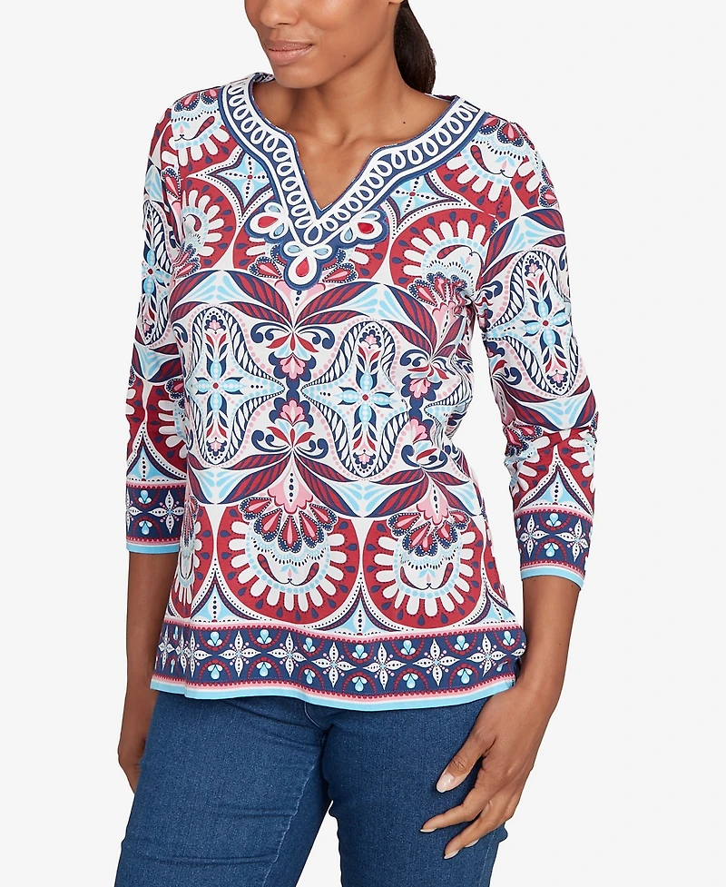 Ruby Rd. Petite Embellished Geo Border Knit Top