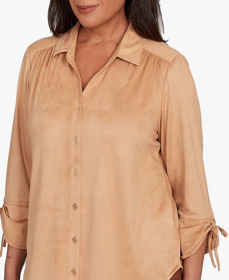 Alfred Dunner Petite Mount Laurel Button Front Faux Suede Top
