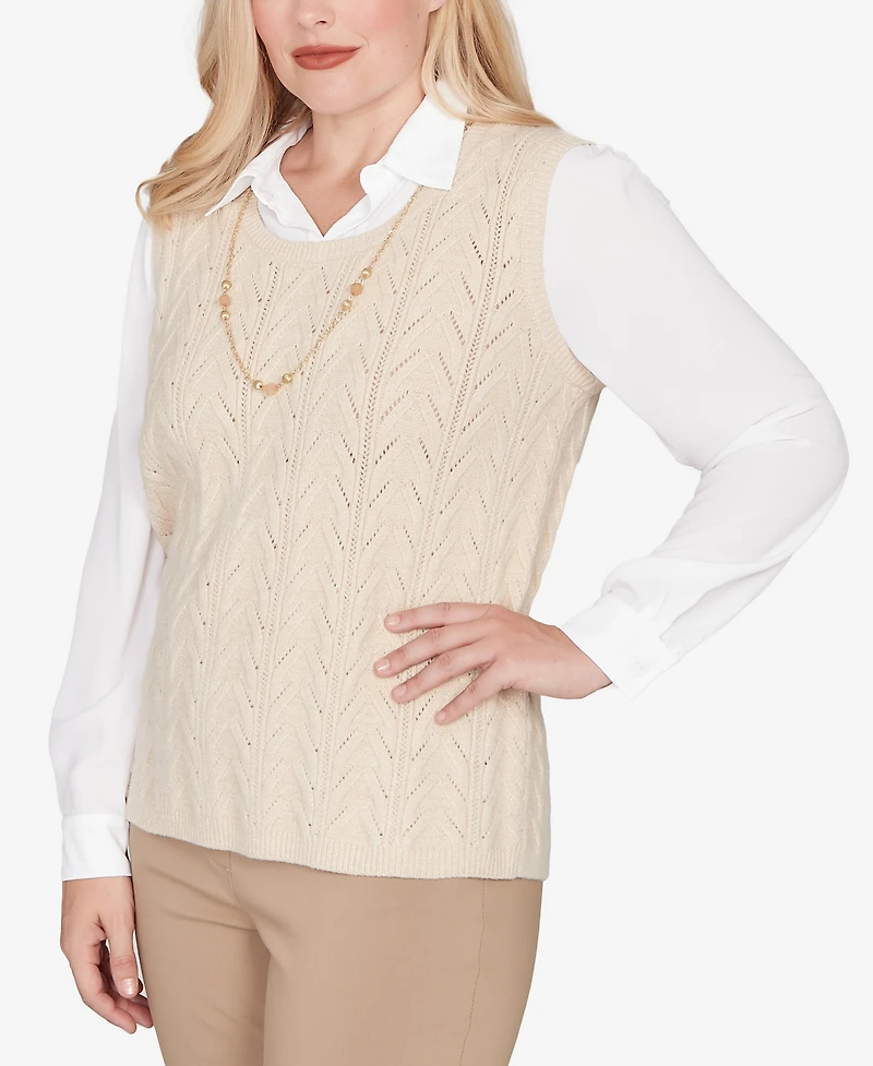 Alfred Dunner Petite Urban Legend Pointelle Texture Two One Sweater with Necklace