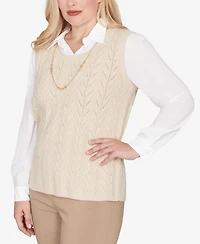 Alfred Dunner Petite Urban Legend Pointelle Texture Two One Sweater with Necklace