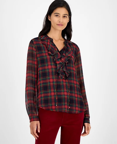 Tommy Hilfiger Women's Plaid Ruffled Top