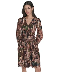 Eliza J Women's V-Neck Metallic-Chiffon Balloon-Sleeve Dress