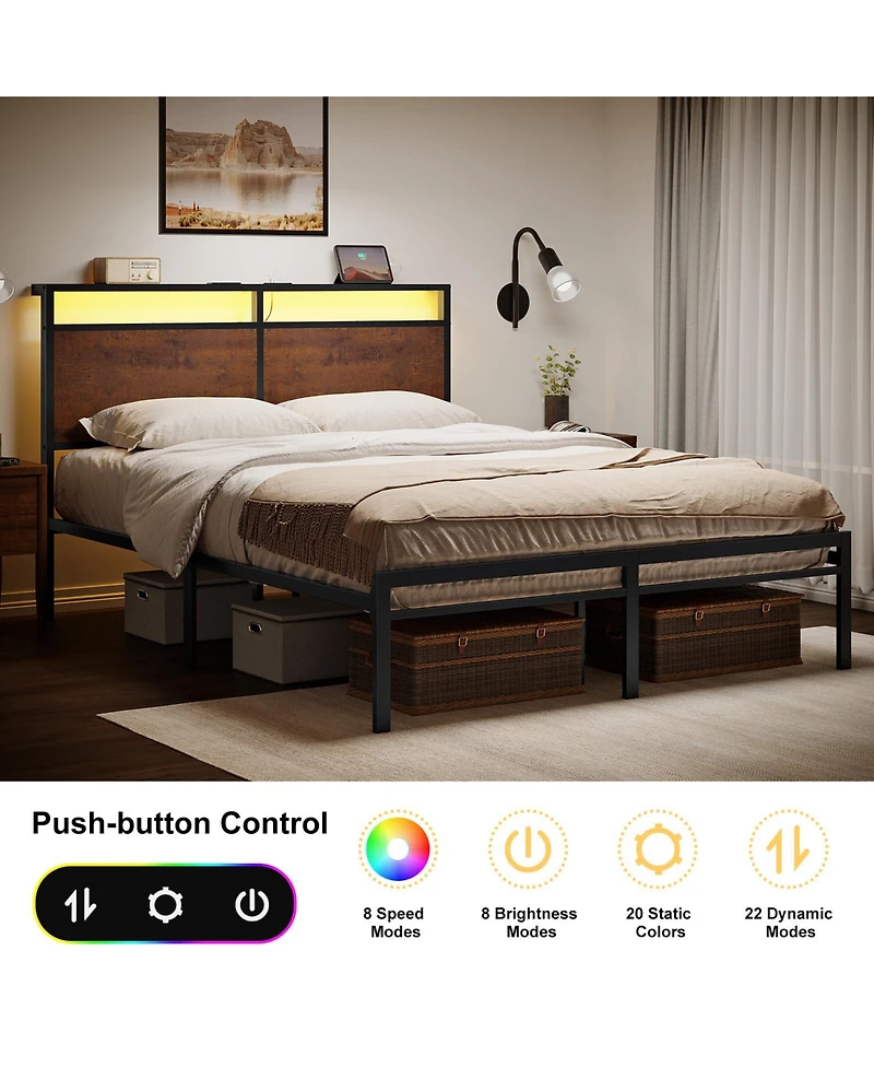 Hausource Vintage Queen Size Bed Frame with Storage Led Headboard, No Box Spring Needed