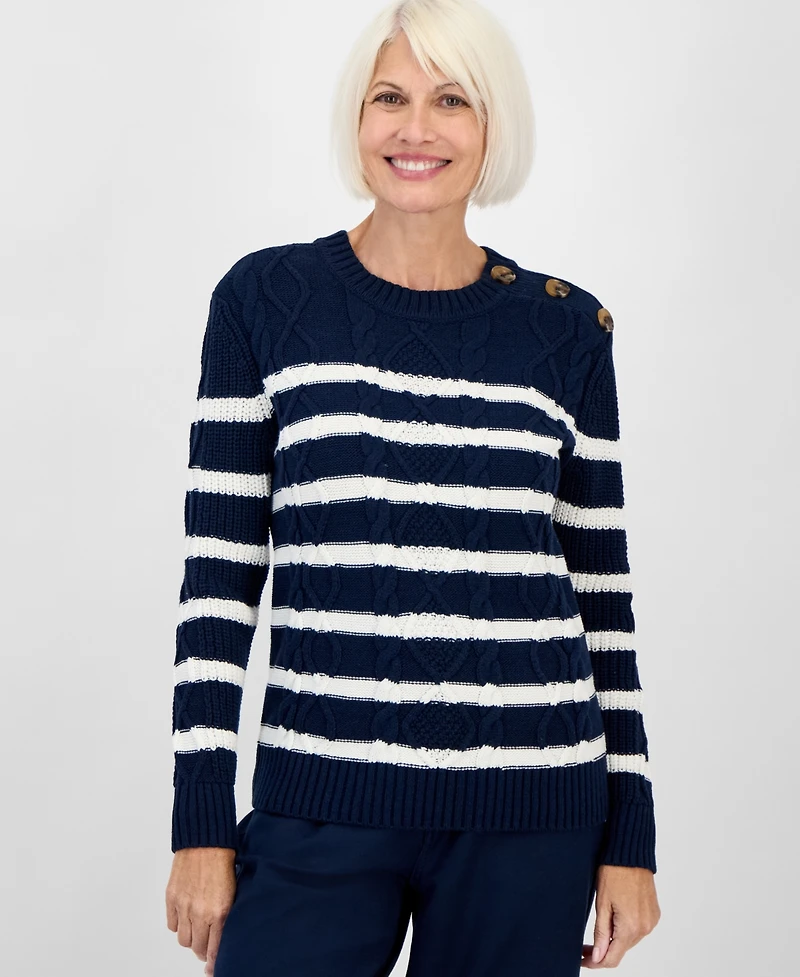 Style & Co Women's Striped Cable-Knit Button-Shoulder Sweater, Created for Macy's