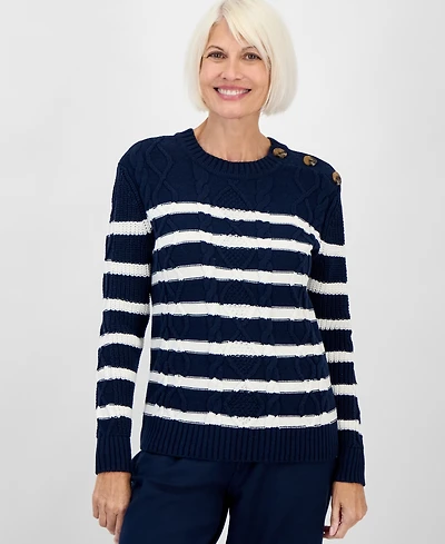 Style & Co Women's Striped Cable-Knit Button-Shoulder Sweater, Created for Macy's