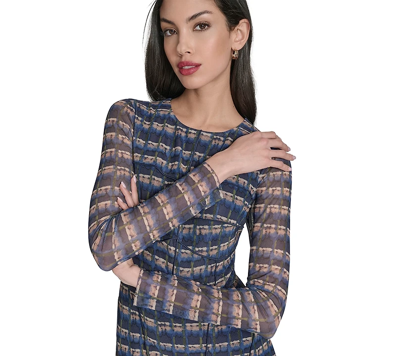Vince Camuto Women's Printed-Mesh Long-Sleeve Bodycon Dress