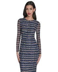 Vince Camuto Women's Printed-Mesh Long-Sleeve Bodycon Dress