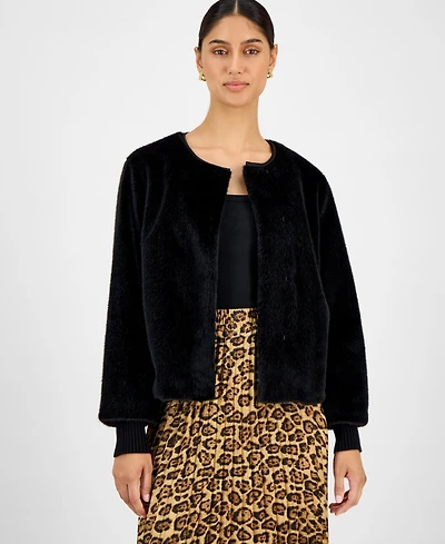 T Tahari Women's Knit-Cuff Faux-Fur Jacket