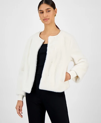 T Tahari Women's Knit-Cuff Faux-Fur Jacket