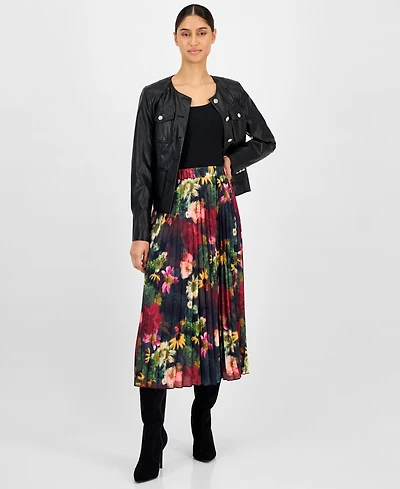 T Tahari Women's Pleated Printed Midi Skirt