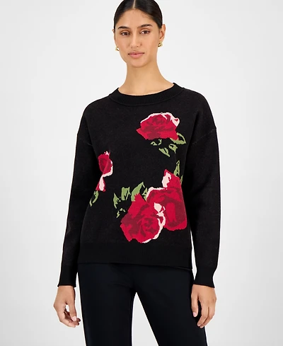 T Tahari Women's Rose-Print Crewneck Sweater