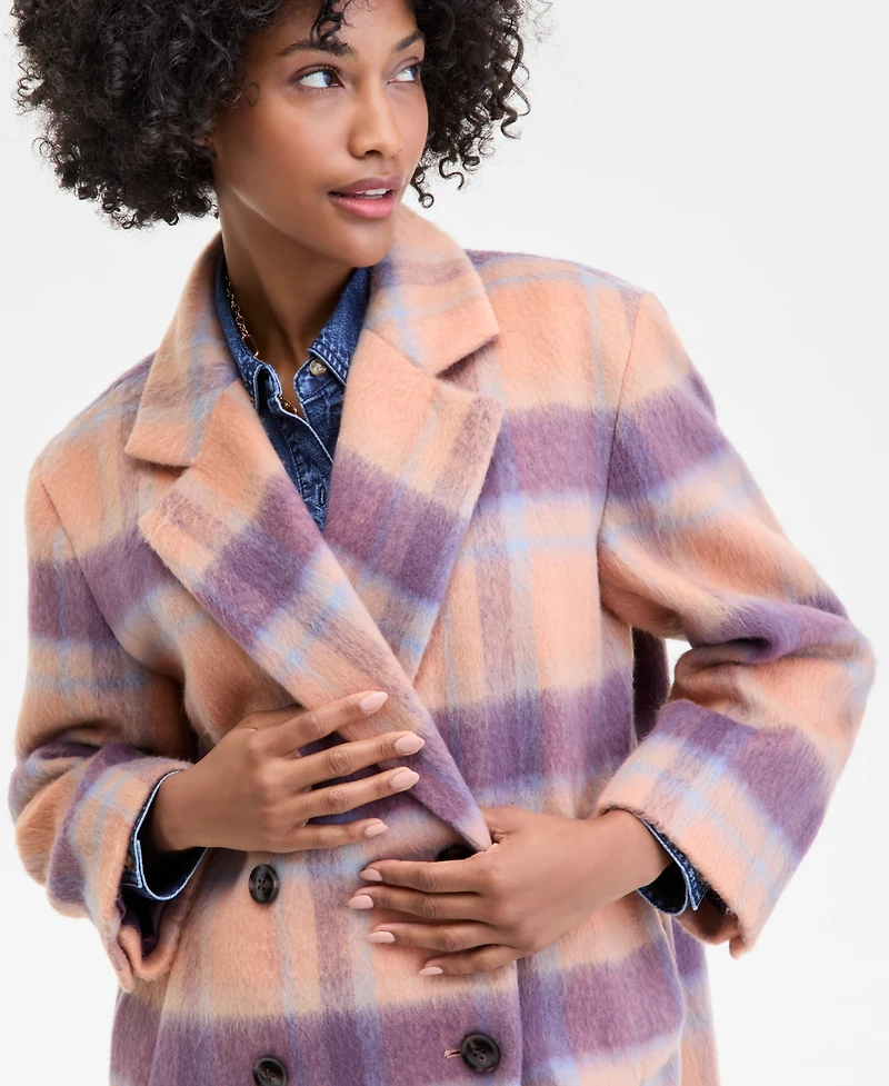 On 34th Women's Brushed Plaid Double-Breasted Coat, Macy's Exclusive