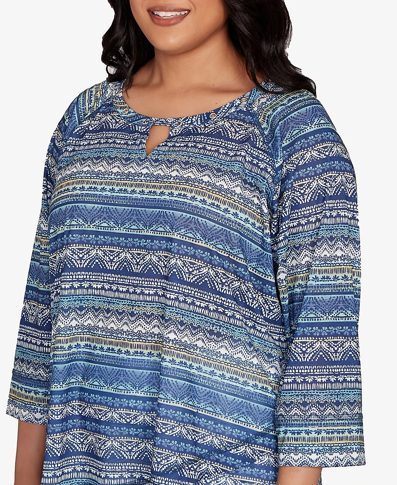 Hearts Of Palm Plus Printed Tulip Hem Slub Top