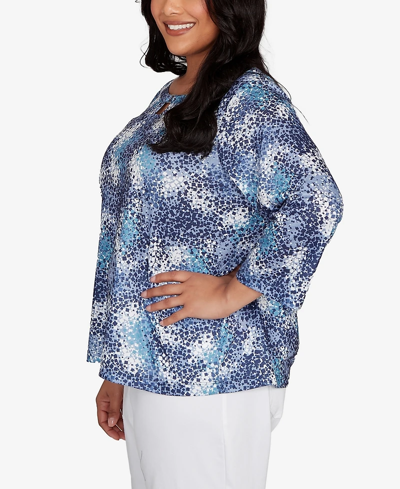 Hearts Of Palm Plus Printed Poly Square Ring Neck Top