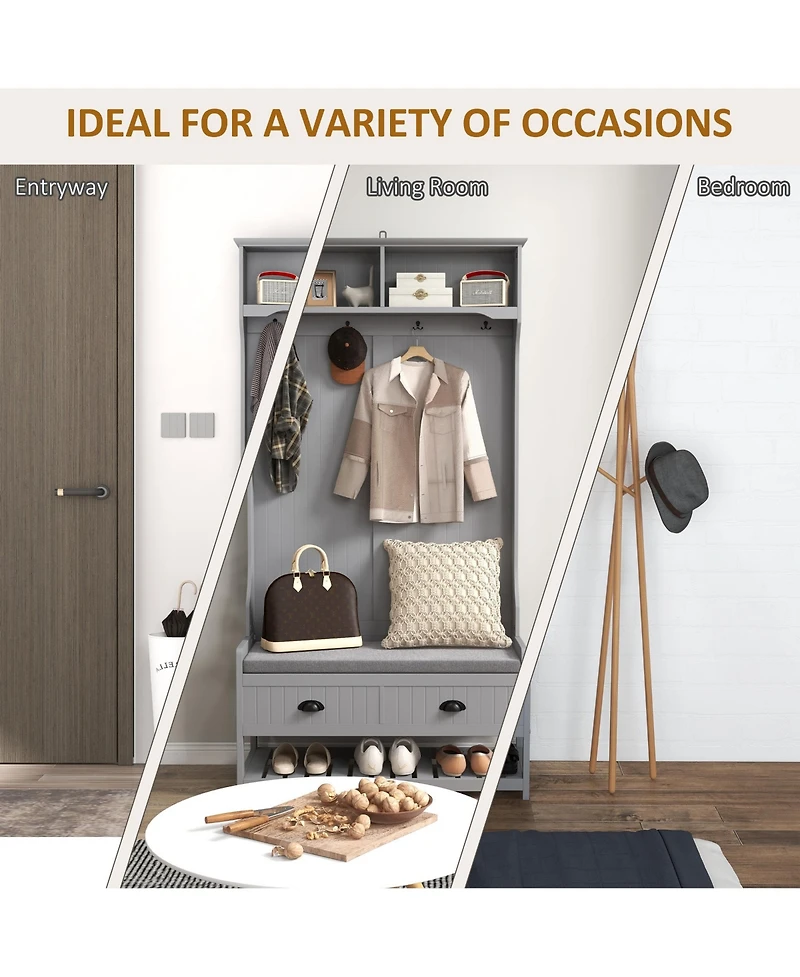 Homcom Hall Tree, Coat Rack and Bench Seat with 4 Hooks, 2 Drawers,