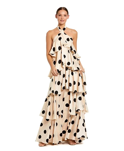 Mac Duggal Women's Polka Dot Charmeuse Halter Tiered Ruffle Gown
