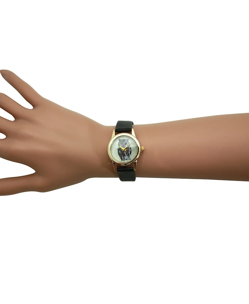 Olivia Pratt Black Owl Drawing Face Faux Leather Band Women Watch