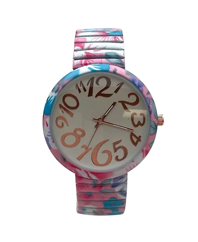 Olivia Pratt Turquoise Floral Big Dial Easy Reader Watch Floral Elastic Stretch Band Wristwatch Women Watch